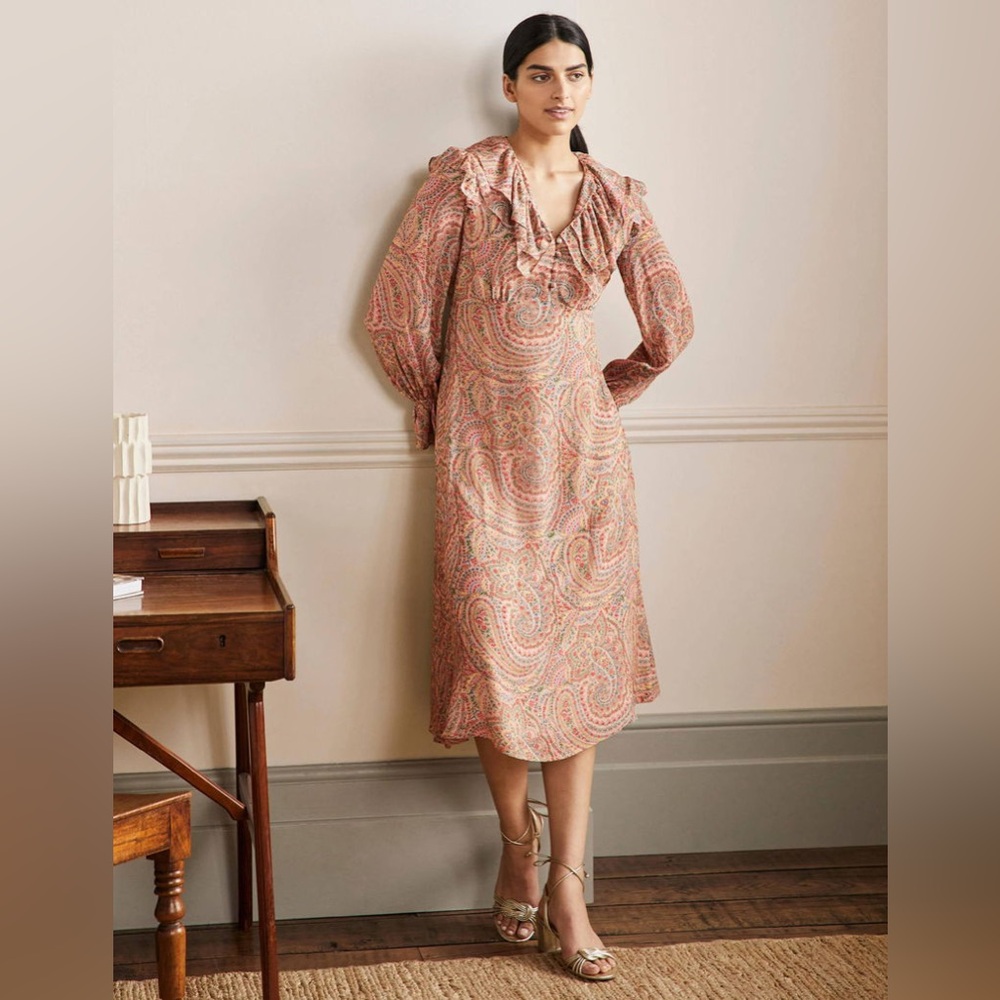 Boden Cottagecore Boho Floral Midi Dress Paisley Ruffle Poet Sleeve Prairiecore